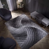 3D SWIRL Shaggy Rug SHIMMER SPARKLE Carved HEAVYWEIGHT Thick Pile GREY SILVER 
