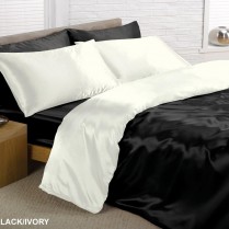 Reversible Black/ Cream Double Bed Size Satin Complete Duvet Cover Bed Set