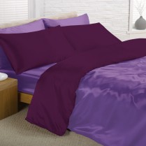 Reversible Amethyst and Deep Purple Super King Bed Size Satin Complete Duvet Cover Bed Set