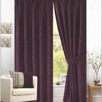 Pair of Purple Pencil Pleat - Fully Lined Jacquard Swirl Curtains + Tie Backs 