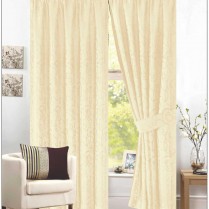 Pair of Cream Pencil Pleat - Fully Lined Jacquard Swirl Curtains + Tie Backs 