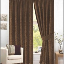 Pair of Chocolate Brown Pencil Pleat - Fully Lined Jacquard Swirl Curtains + Tie Backs