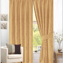 Pair of Gold Pencil Pleat - Fully Lined Jacquard Swirl Curtains + Tie Backs