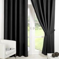 Pair of Black Supersoft Blackout Thermal Curtains Ring Top / Eyelet *inc Tiebacks