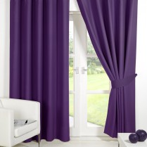 Pair of Purple / Plum Supersoft Blackout Thermal Curtains Ring Top / Eyelet *inc Tiebacks