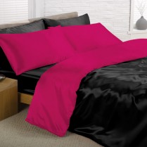 Reversible Black / Cerise Super King Bed Size Satin Complete Duvet Cover Bed Set