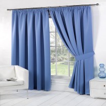 Pair of Blue Faux Silk Pencil Pleat Curtains
