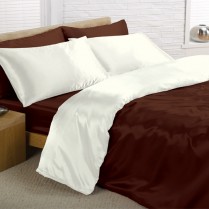Reversible Chocolate Brown/ Cream Double Bed Size Satin Complete Duvet Cover Bed Set