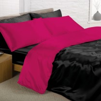 Reversible Deep Black and Cerise King Bed Size Satin Complete Duvet Cover Bed Set