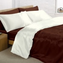 Reversible Chocolate Brown and Cream King Bed Size Satin Complete Duvet Cover Bed Set