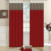 Pair of Fully Lined Red, Taupe, Cream Faux Silk THREE TONE Eyelet / Ring Top Curtains with Matching Tiebacks
