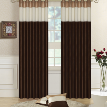 Pair of Fully Lined Chocolate Brown, Cream, Gold Faux Silk THREE TONE Eyelet / Ring Top Curtains with Matching Tiebacks