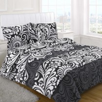 5pc Damask Black Design Bed in a Bag Bedding DUVET QUILT COVER SET + CUSHION COVER + BED RUNNER