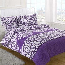 5pc Damask Aubergine / Purple Design Bed in a Bag Bedding DUVET QUILT COVER SET + CUSHION COVER + BED RUNNER